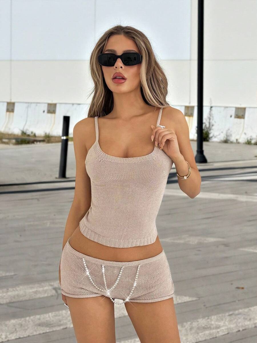 SHEIN ICON Bộ đồ bơi hở lưng màu mơ quyến rũ dành cho nữ và quần short siêu ngắn - Màu be - Xem 1