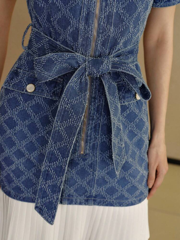 BELTED PLEATED DENIM DRESS