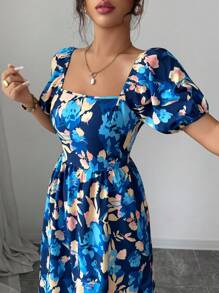 Elenzga Đầm nữ thiết kế tay bồng cổ tròn nhún bèo in họa tiết - Nhiều màu - Xem 3