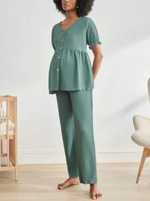 SHEIN BloomMama Conjunto de ropa de estar en casa para embarazadas compuesto por cardigan de manga abullonada de cuello en V de un solo color y pantalones