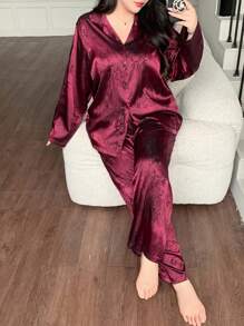 Dazy Plus 大码女式中国风竹纹提花缎面睡衣套装，秋冬服装，舒适保暖 - 酒紅色 - 查看 8