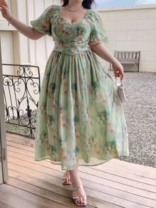 Dazy Plus 花朵泡泡袖高腰中长连衣裙，春夏度假风格 - 綠色 - 查看 6