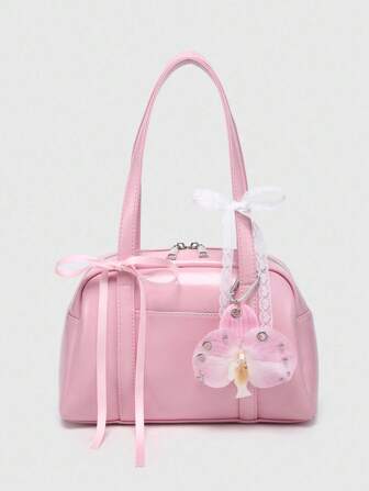 Kawaii Vintage Style Plaid Bow Tie Strap Charry Heart Decor One Shoulder Underarm Tote Bag With Multiple Pockets, For Women
