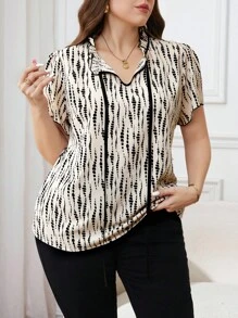 SHEIN Clasi Plus Size Fitted Women Contrast Color Short Sleeve Blouse Summer Teacher White Blouses Country Summer - Multicolor - View 3