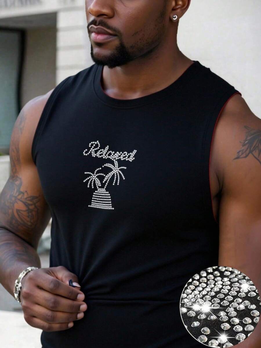 Manfinity VCAY Men's Casual Rhinestone Studded Palm Tree Print Knit Sleeveless Tank Top - Black - View 1