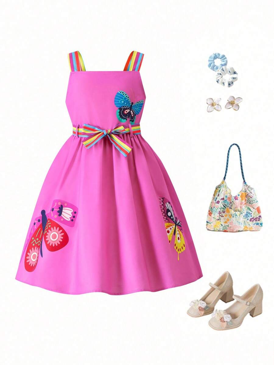 Tween GirlsMinimalist Fashion Butterfly Print White Camisole Dress With Rainbow Striped Waist Belt, Suitable For Summer Outings