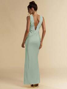 SHEIN BAE 春夏纯黄色V领系带腰蕾丝拼接拼接无袖缎面长裙，优雅性感，适合情人节、派对、音乐节、伴娘、舞会礼服、度假，黄色连衣裙 - 薄荷綠 - 查看 2