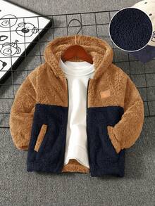 SHEIN Kids Boys'' Casual Adorable Flocked Patch Color Block Fluffy Hooded Long Sleeve Thick Zip-Up Jacket Fall Winter - Multicolor - View 1