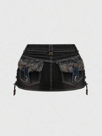 Grunge Punk Y2K Retro Millennium Babe Pockets Patchwork Fuzzy Tie-Up Design Plus Size Bodycon Mini Skirt