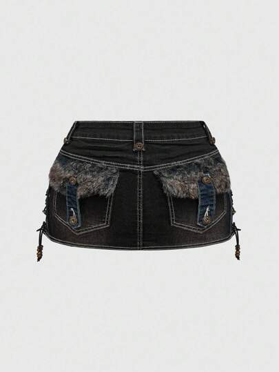 Grunge Punk تنورة قصيرة ضيقة تصميم ربط مبهم قصاصات قطع فضفاضة للأحجام الكبيرة بجيوب علامة منتصف الألفية الكاسترو