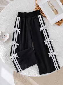 SHEIN 年轻女孩百搭休闲黑色蝴蝶结松紧腰宽松裤 - 黑色 - 查看 11