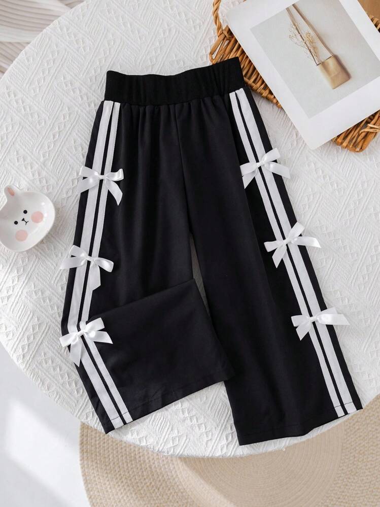 SHEIN Young Girl Versatile Casual Black Bow Elastic Waist Loose Pants - Black - View 11