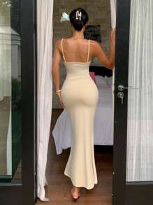 DAZY 女士夏季撞色蕾丝修身性感吊带长裙，正式女士度假邮轮礼服 - 米色 - 查看 6