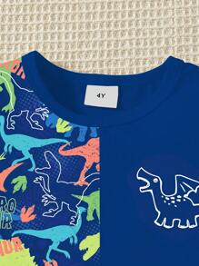 2pcs Young Boy Dinosaur Patchwork Print Short Sleeve T-Shirt And Shorts Set, Summer Outfit