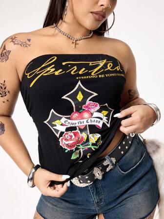 Grunge Punk Plus Size Women Heart, Cross And Rose Floral Rhinestone Print Tube Top