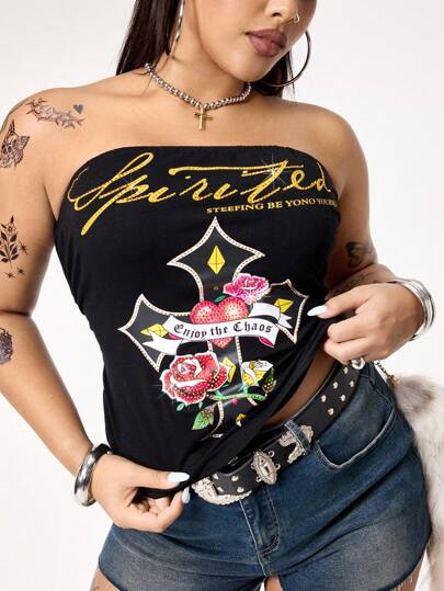 Grunge Punk Plus Size Women Heart, Cross And Rose Floral Rhinestone Print Tube Top