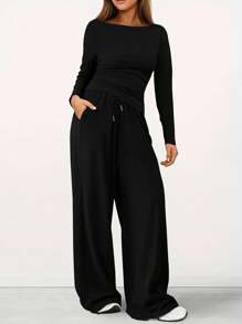 INAWLY 2 件套女士纯色圆领长袖上衣和抽绳口袋裤休闲家居服 - 黑色 - 查看 5