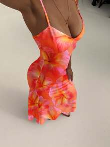 Aloruh Váy bó sát bodycon dây mảnh mùa hè in họa tiết hoa dâm bụt màu cam gợi cảm, phù hợp cho mùa hè, kỳ nghỉ, bãi biển, lễ hội âm nhạc - trái cam - Xem 8