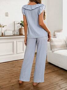 SHEIN Ruffle Collar Open Front Double Layer Cap Sleeve Women Textured Jacquard Pajama Set - Baby Blue - View 2