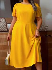 SHEIN Clasi Vestido de talla grande para mujer con cuello redondo, cintura recogida, falda paraguas y bolsillos, elegante - Naranja - Ver 6