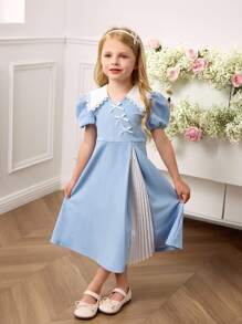 SHEIN Abito attillato da ragazza con colletto Peter Pan a colori contrastanti, lavorato a maglia - Blu - Visualizzare 1