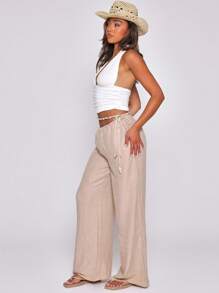 MUSERA Pantaloni de plajă cu imprimeu de in și cordon, cu nod în față, pentru vacanță, vară, primăvară, elegantă, stil boho, casual, ținută de aeroport