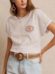 Poéselle 100% 纯棉 T 恤，带有象征性眼睛图案刺绣，必备单品，夏季，婚礼季节必备单品，Cottagecore 刺绣 T 恤，短袖 T 恤，轻松别致的休闲风格