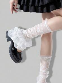 ROMWE Kawaii Quần tất giữ ấm chân ren trơn màu thanh lịch thời trang dành cho nữ - trắng - Xem 2