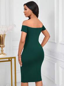 Lunelith SHEIN Lunessa Đầm ôm body cổ chữ V trễ vai cho nữ - màu xanh lá - Xem 2