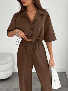 EURMUSE Women's Two Pieces Shirt And Wide Leg Pants With Drawstring - Brown - View 5