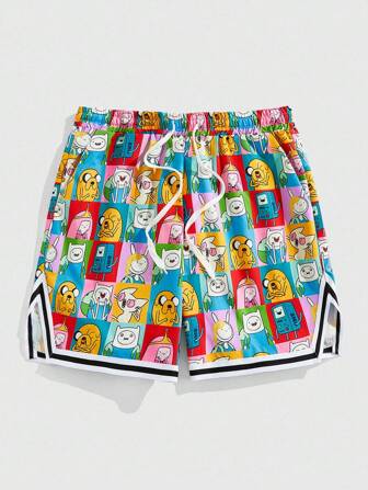 Adventure Time X ROMWE Men's Summer Streetwear Cartoon Graphic Print Drawstring Waist Contrast Striped  Loose Basketball Shorts