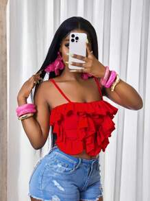 BamGleam Áo hai dây không tay nhún bèo thời trang màu trơn cho mùa hè dành cho nữ - Đỏ - Xem 5