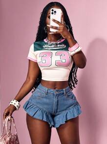 Slaydiva 女式休闲夏季水洗斜口袋荷叶边下摆牛仔短裤 - 中等水洗藍 - 查看 7