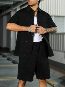 PAVTROS Bộ áo sơ mi tay ngắn và quần short thời trang mùa hè Manfinity Streetrush dành cho nam, họa tiết kim tuyến vàng ngẫu nhiên, trang phục ấm áp - màu đen - Xem 5