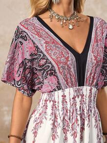 LanaWest Women's Casual Retro Western Style V-Neck Batwing Sleeve Cashew Floral Print Maxi Dress