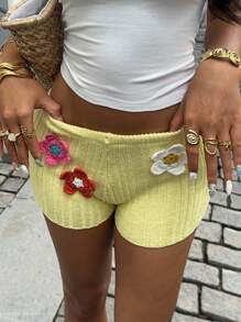 Sunnyshic 度假风低腰百搭3D花朵装饰毛衣短裤