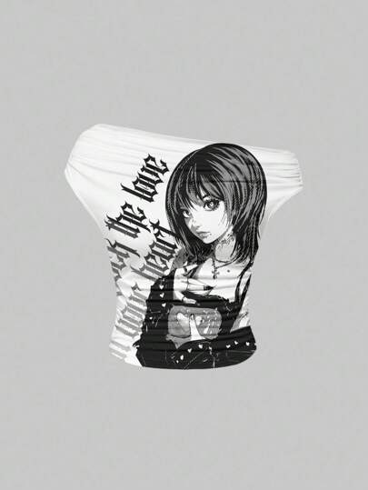 Anime Punk Vixens Vintage Black & White Asymmetric Shoulder Ruched Sexy Graphic Print Short Sleeve T-Shirt, Summer Suitable For Going Out