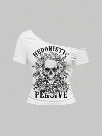 Grunge Punk Vintage Damen asymmetrisches Schulter Punk Totenkopf- und Rankenmuster Sexy T-Shirt, schwarz und weiß