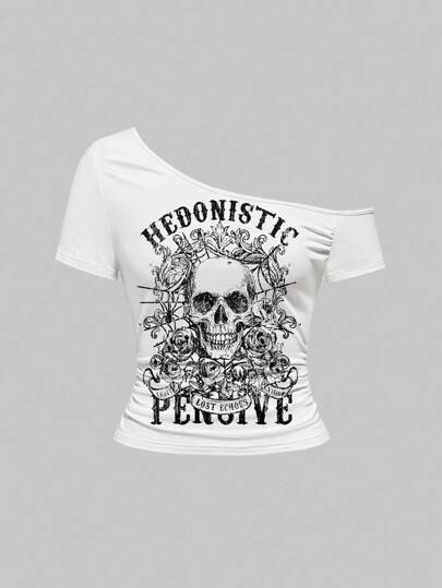 Grunge Punk maglietta vintage da donna asimmetrica, con stampa punk di teschio e viticcio sui lati, sexy, in bianco e nero