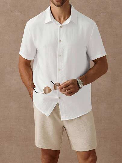 Manfinity Homme 男士纯色针织提花褶皱效果纹理面料短袖单排扣休闲衬衫套装（夏季），2 件男士休闲纯色短袖衬衫和短裤套装，男士两件套服装，男士两件套，男士夏季服装男士亚麻衬衫白色纽扣亚麻衬衫