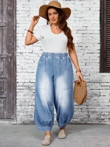 EMERY ROSE Plus Size Casual Loose Elastic Waist Straight Leg Jeans,Back To School Y2k Women Jeans Baggy Elastic Waist Jeans Y2k  Baggy Jeans - Light Wash - View 4