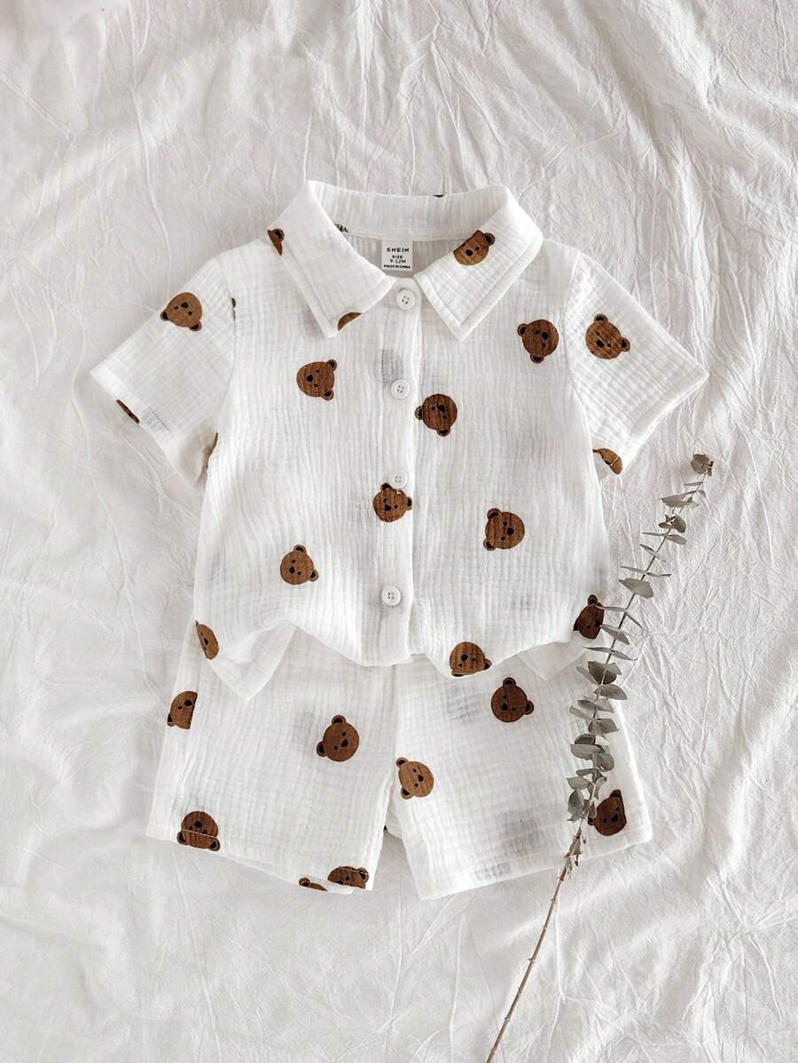 SHEIN Vintaside Kids 2pcs Baby Boy Cartoon Bear Print Short Sleeve Single-Breasted Top And Shorts Casual Outfit Set - White - View 1