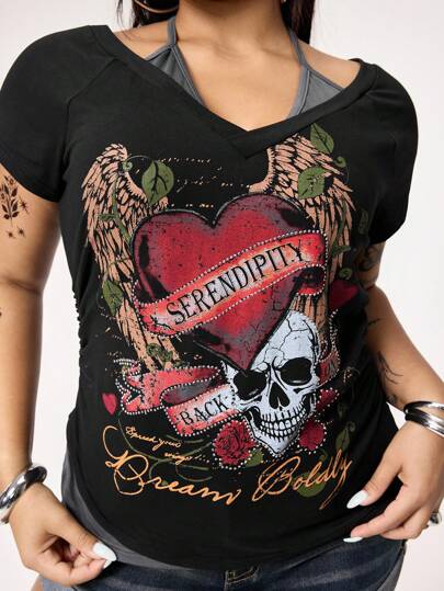 Grunge Punk Camiseta de mujer con cuello en V a rayas, contraste de color, lazo y estampado de esqueleto, alas y corazón con aplicaciones de strass, estilo retro Y2K, talla grande