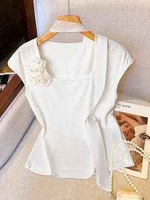 EMERY ROSE 1 pièce T-shirt à col carré élégant à fleurs 3D pour usage quotidien pour femmes - Blanc - Voir 5