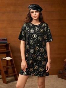 HARRY POTTER X SHEIN Women Summer Casual All-Over Print Crew Neck Short Sleeve Dress - Navy Blue - View 3