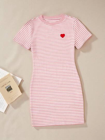 SHEIN Explorewe Girls Casual Striped Knit Heart Fitted Dress