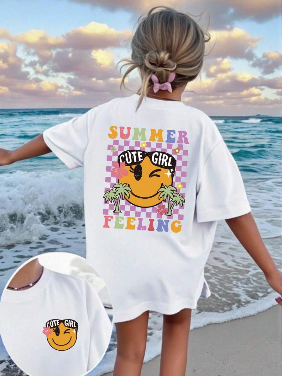 SHEIN Blusa casual de manga corta para niñas preadolescentes con estampado gráfico de letras y tablero de ajedrez colorido, básica y de estilo