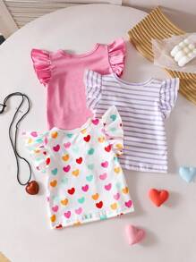 SHEIN Playful Pals Bộ 3 Áo thun cổ tròn in họa tiết sọc trái tim nhiều màu, mềm mại & giản dị, phong cách dễ thương, hàng mới về mùa xuân/hè - Nhiều màu - Xem 2