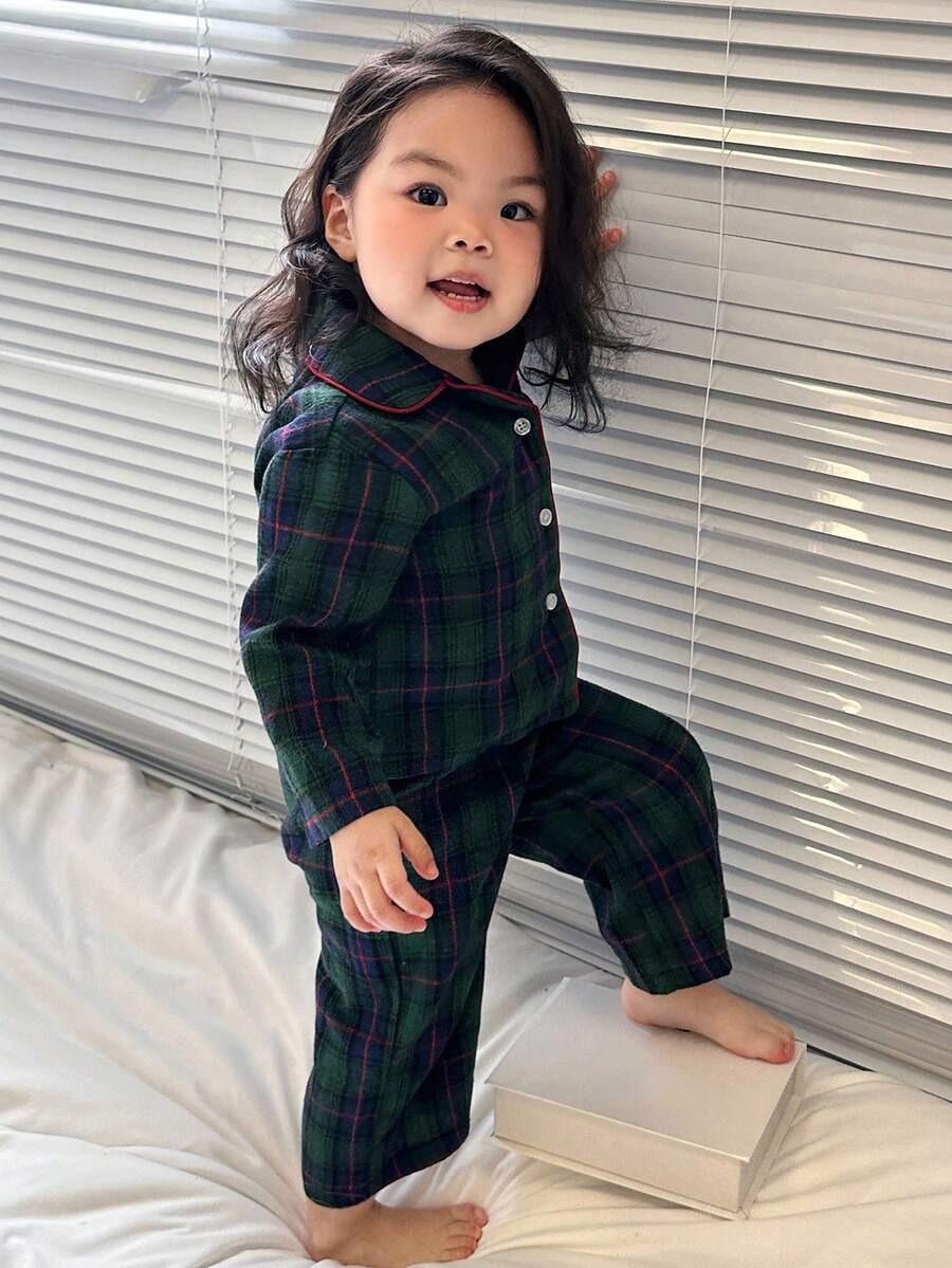 DAZY Baby Girl Plaid Print Lapel Collar Contrast Binding Long Sleeve Shirt And Pants Pajama Set, Spring/Autumn Toddler Girls Clothes - Green - View 1