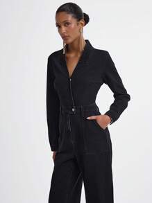 Daynim 女式休闲长袖黑色牛仔连体裤